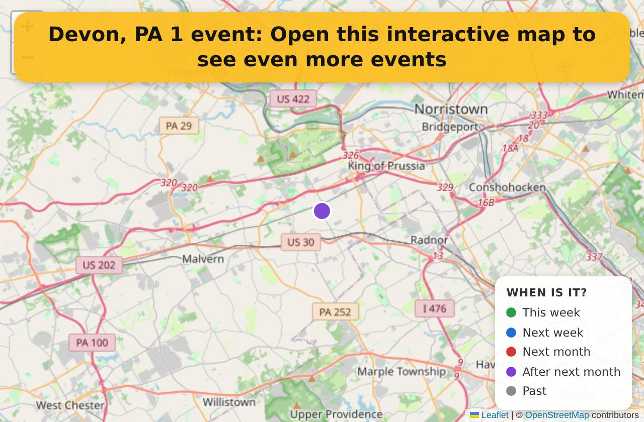 Map of events in Devon, PA on the interactive EVENTULIST map