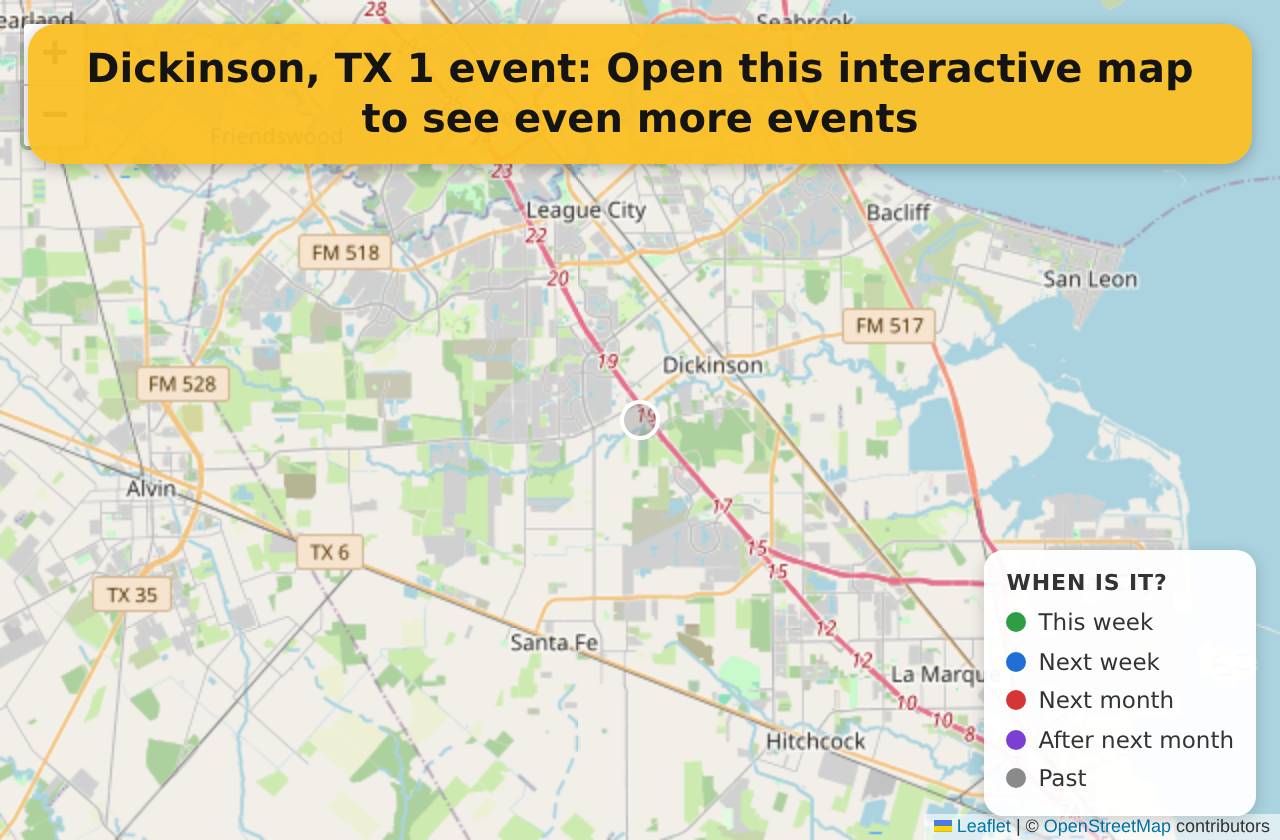 Map of events in Dickinson, TX on the interactive EVENTULIST map