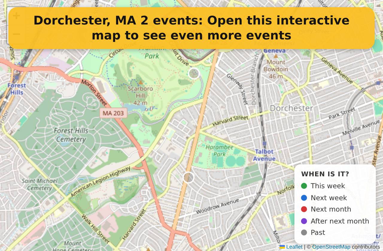 Map of events in Dorchester, MA on the interactive EVENTULIST map