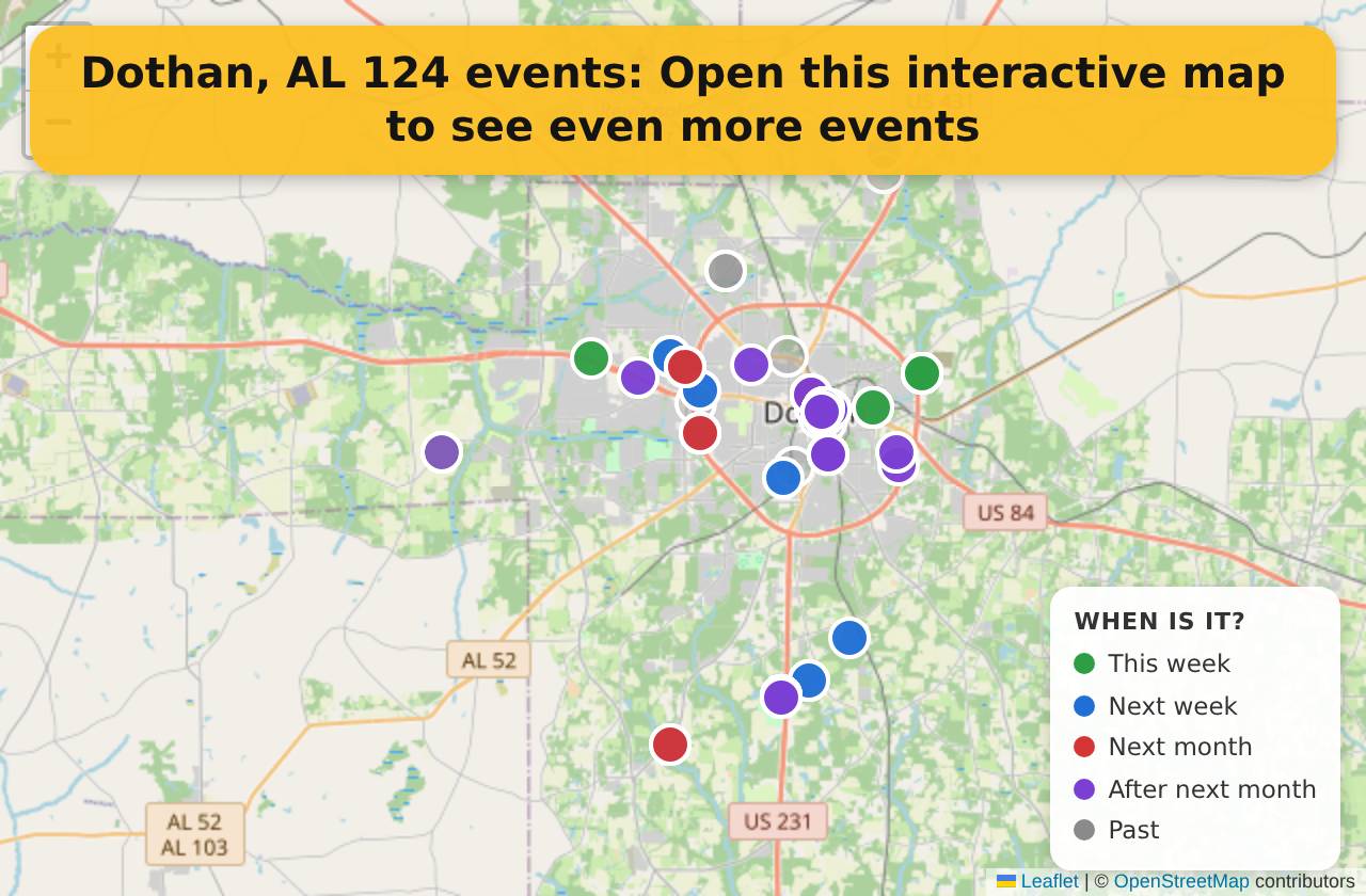 Map of events in Dothan, AL on the interactive EVENTULIST map