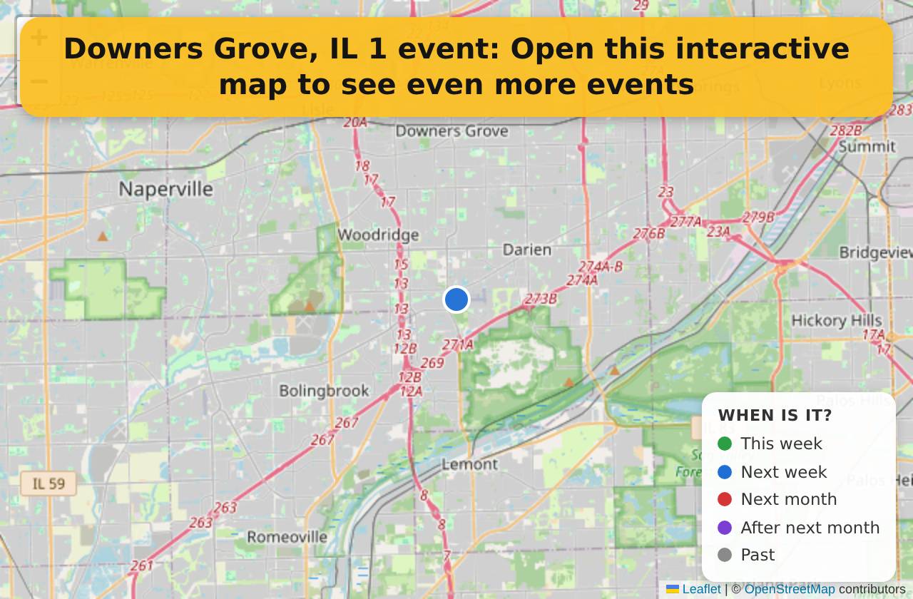Map of events in Downers Grove, IL on the interactive EVENTULIST map