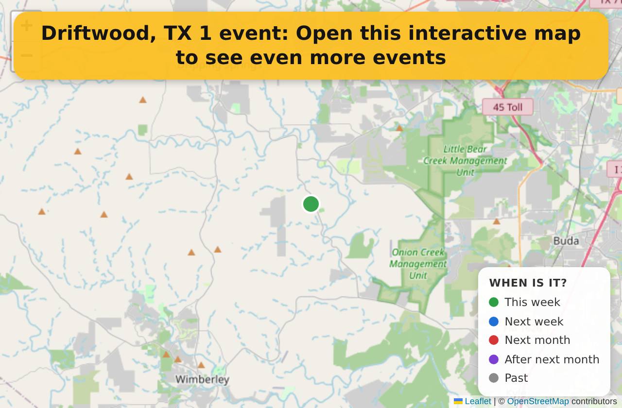 Map of events in Driftwood, TX on the interactive EVENTULIST map