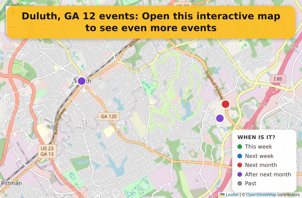 Map of events in Duluth, GA on the interactive EVENTULIST map
