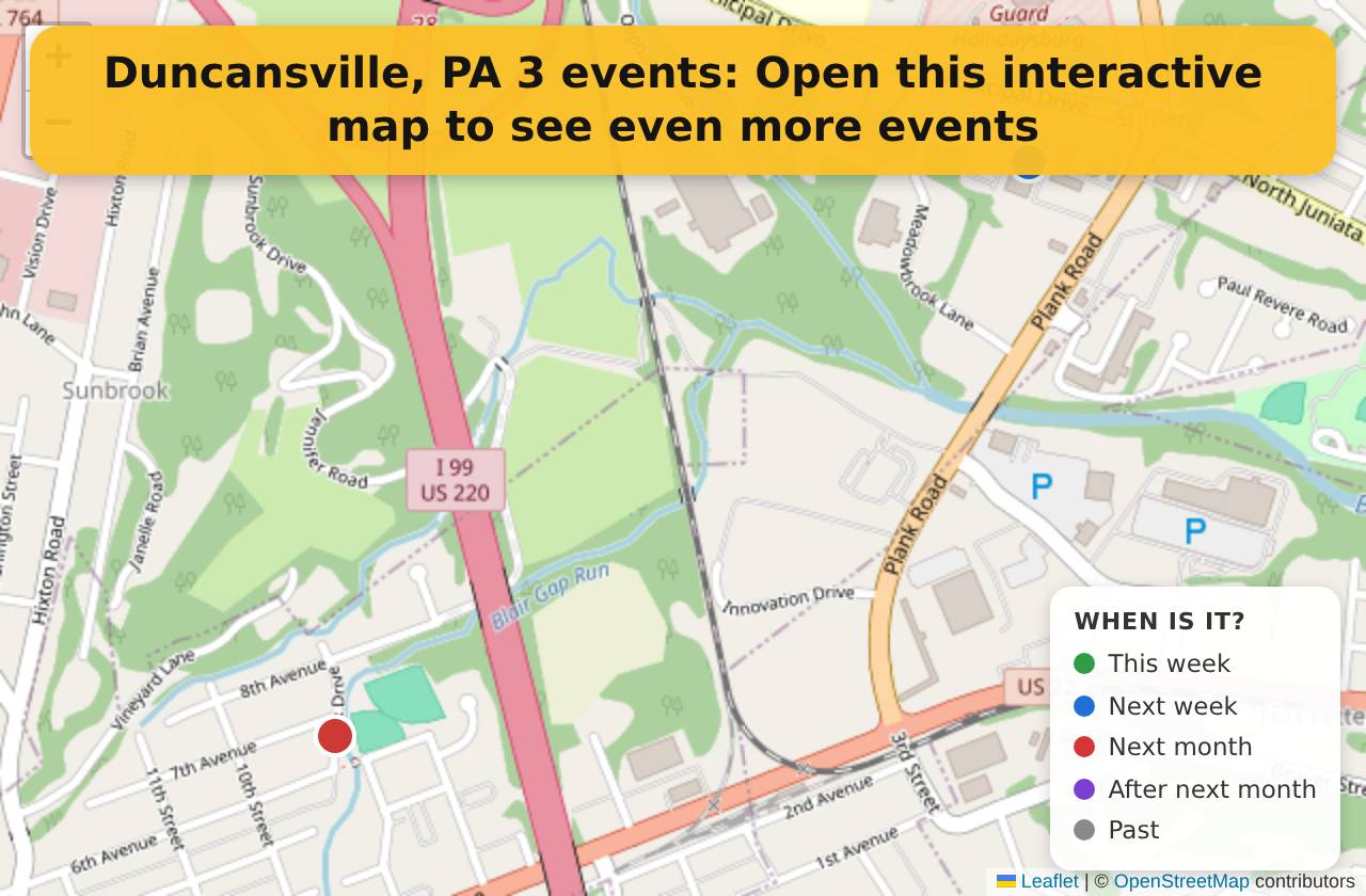 Map of events in Duncansville, PA on the interactive EVENTULIST map