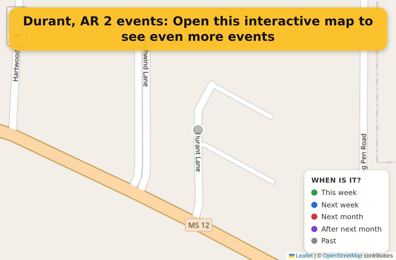 Map of events in Durant, AR on the interactive EVENTULIST map