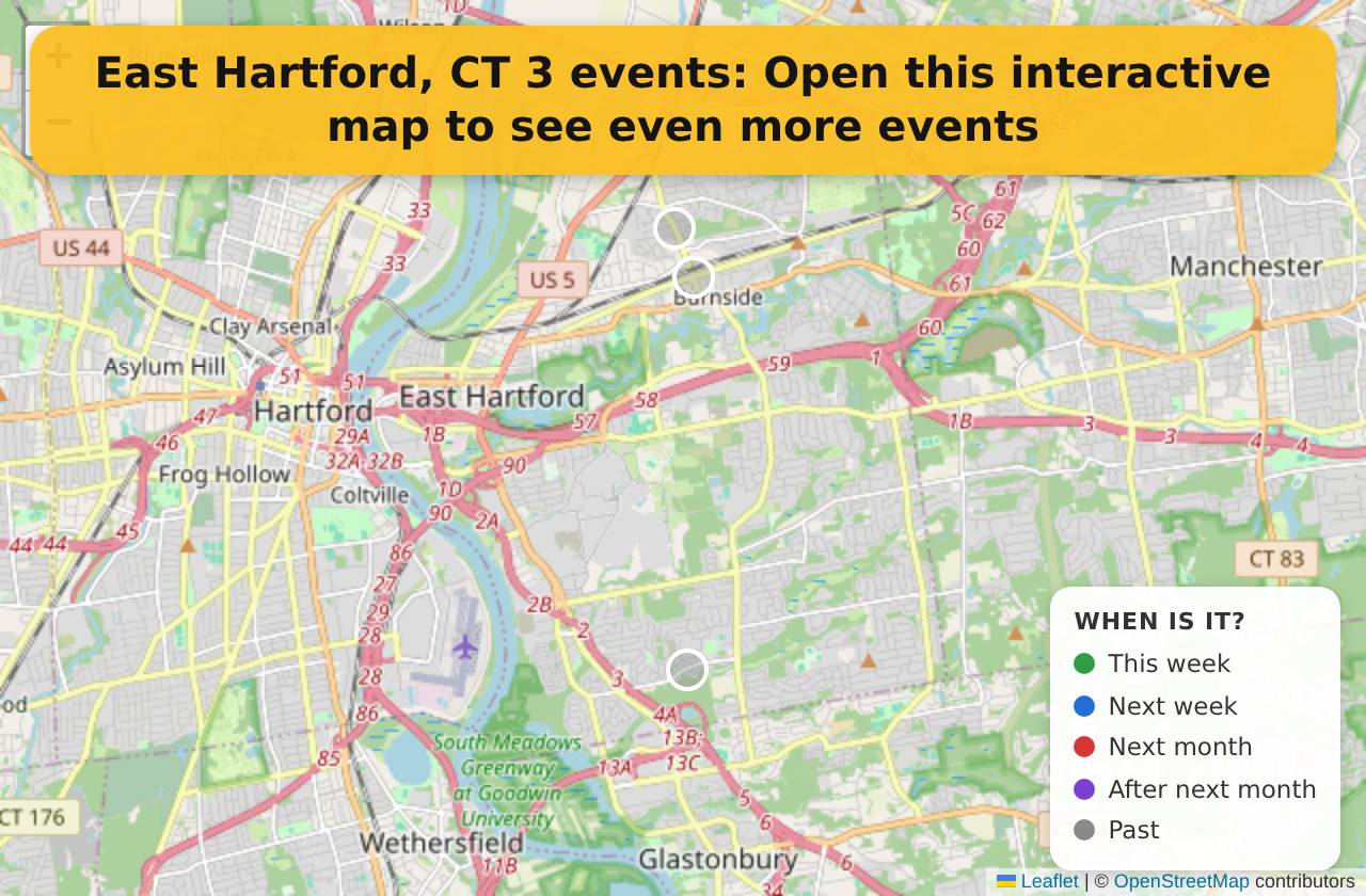 Map of events in East Hartford, CT on the interactive EVENTULIST map