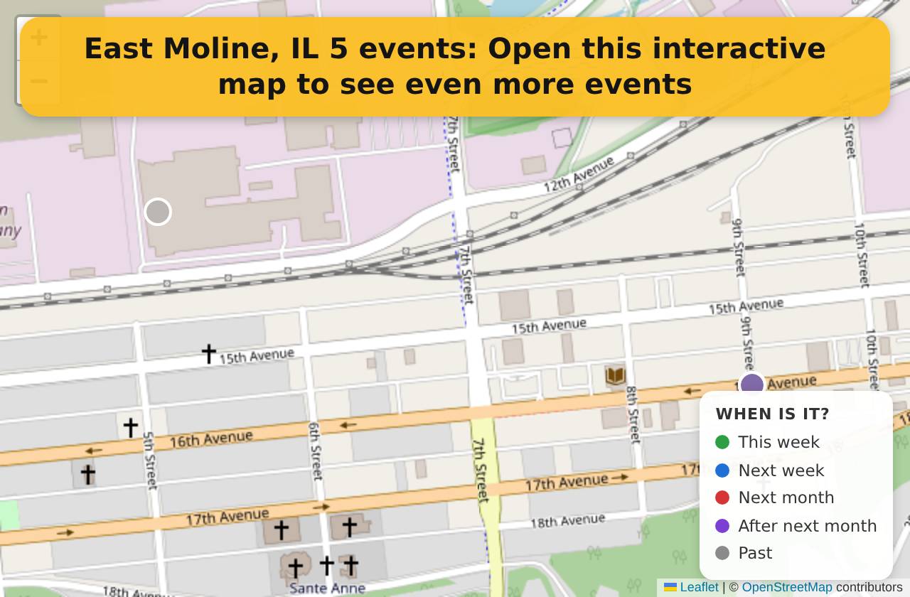 Map of events in East Moline, IL on the interactive EVENTULIST map