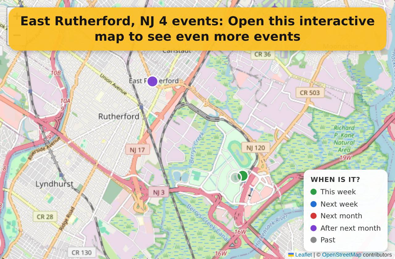 Map of events in East Rutherford, NJ on the interactive EVENTULIST map