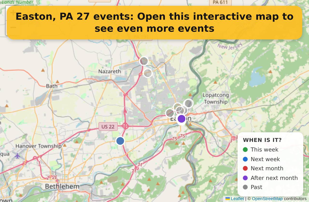 Map of events in Easton, PA on the interactive EVENTULIST map