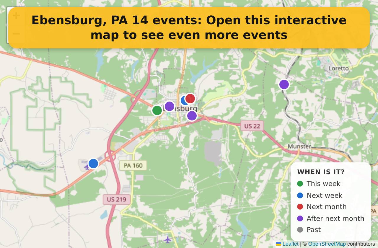 Map of events in Ebensburg, PA on the interactive EVENTULIST map