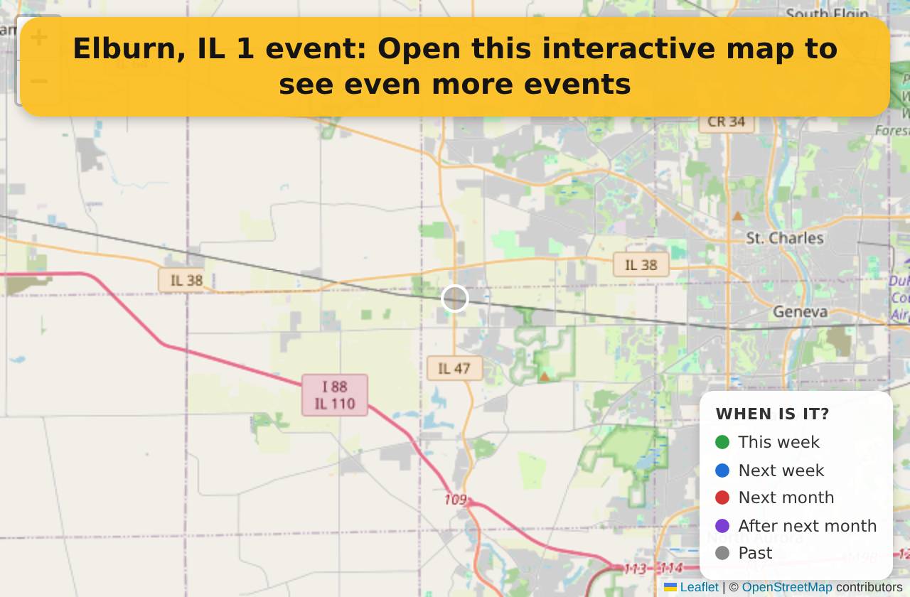 Map of events in Elburn, IL on the interactive EVENTULIST map