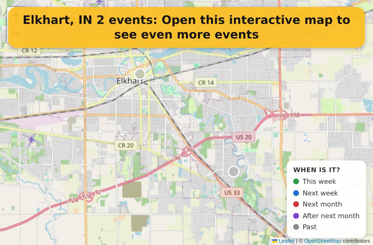 Map of events in Elkhart, IN on the interactive EVENTULIST map