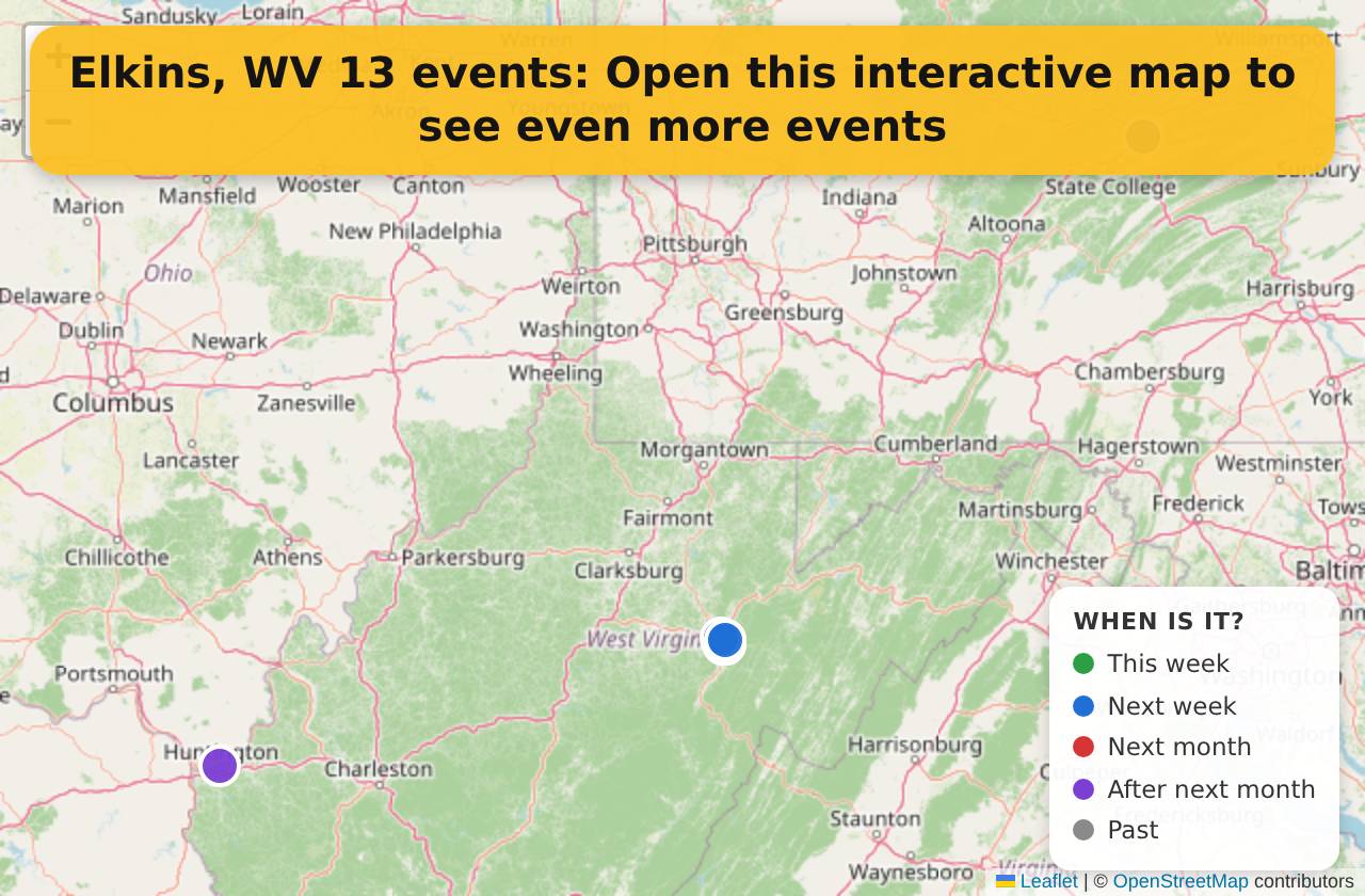 Map of events in Elkins, WV on the interactive EVENTULIST map