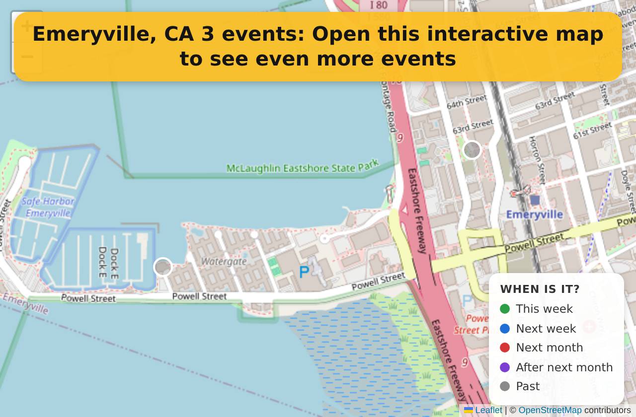 Map of events in Emeryville, CA on the interactive EVENTULIST map