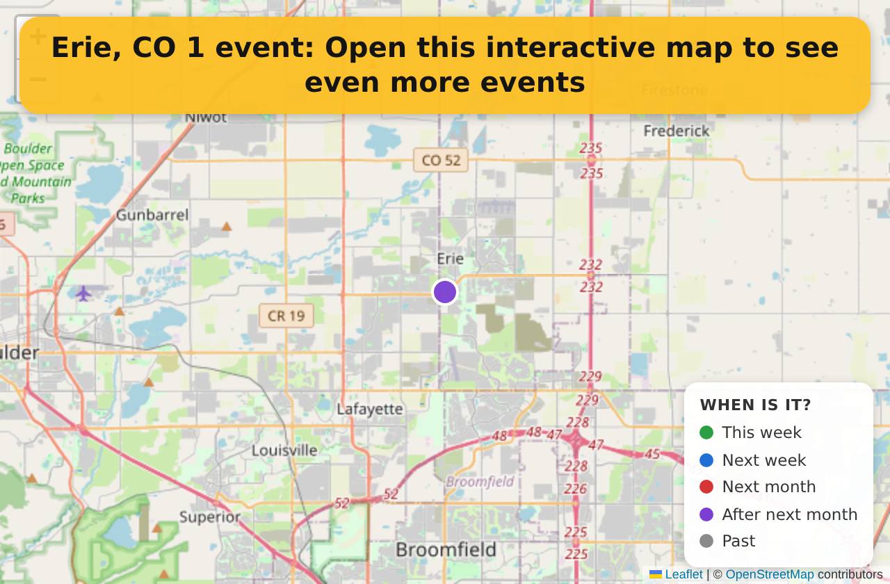 Map of events in Erie, CO on the interactive EVENTULIST map