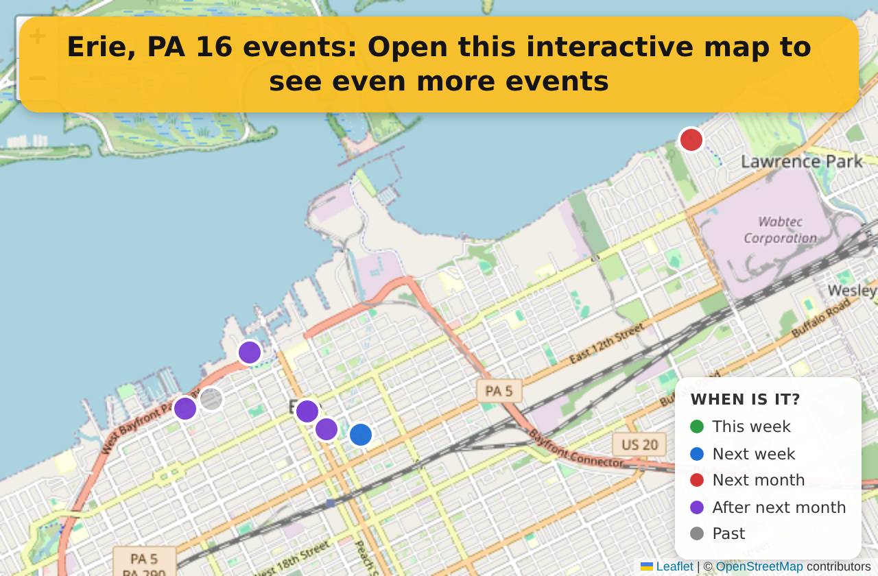 Map of events in Erie, PA on the interactive EVENTULIST map