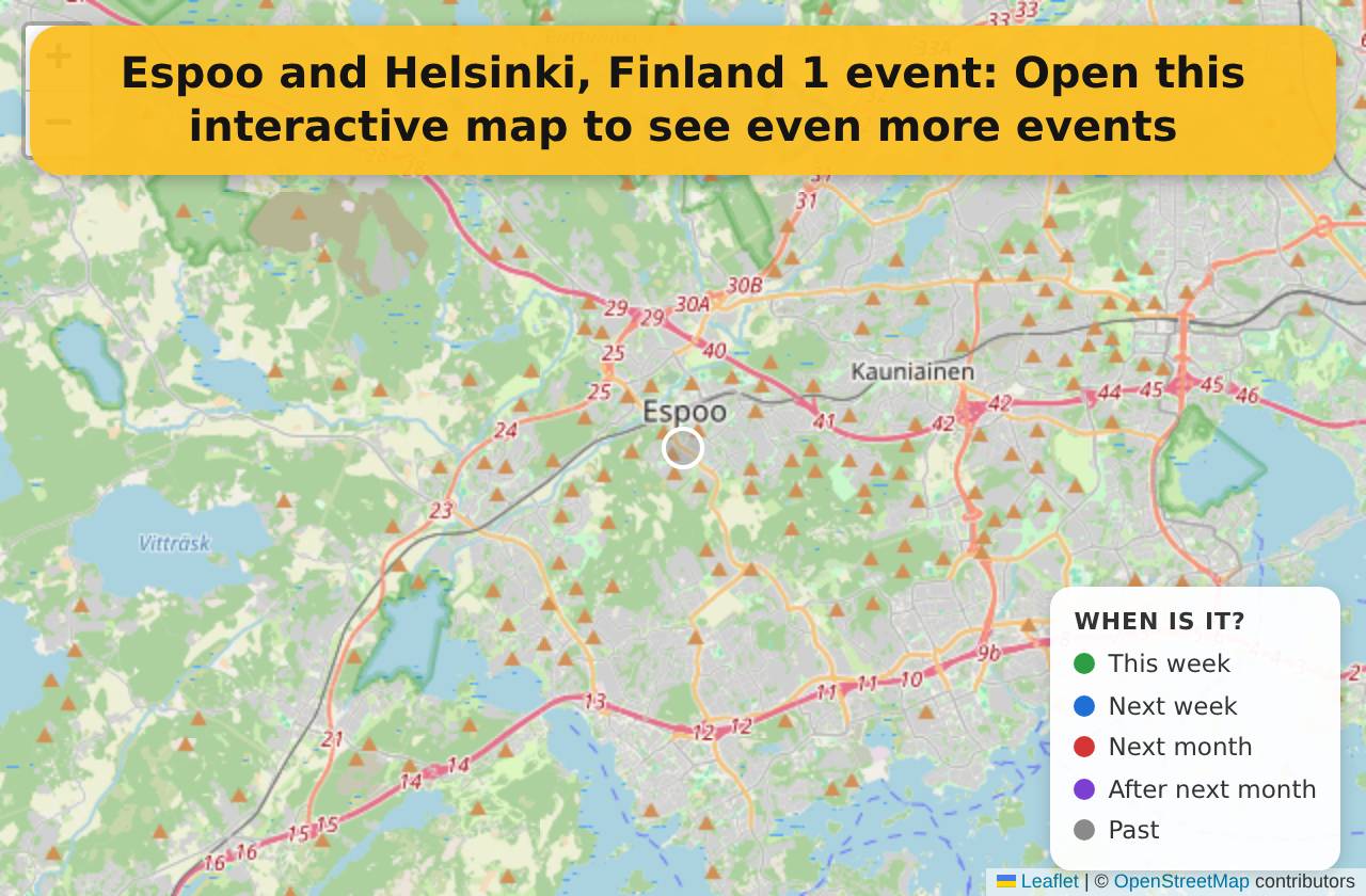 Map of events in Espoo and Helsinki, Finland on the interactive EVENTULIST map