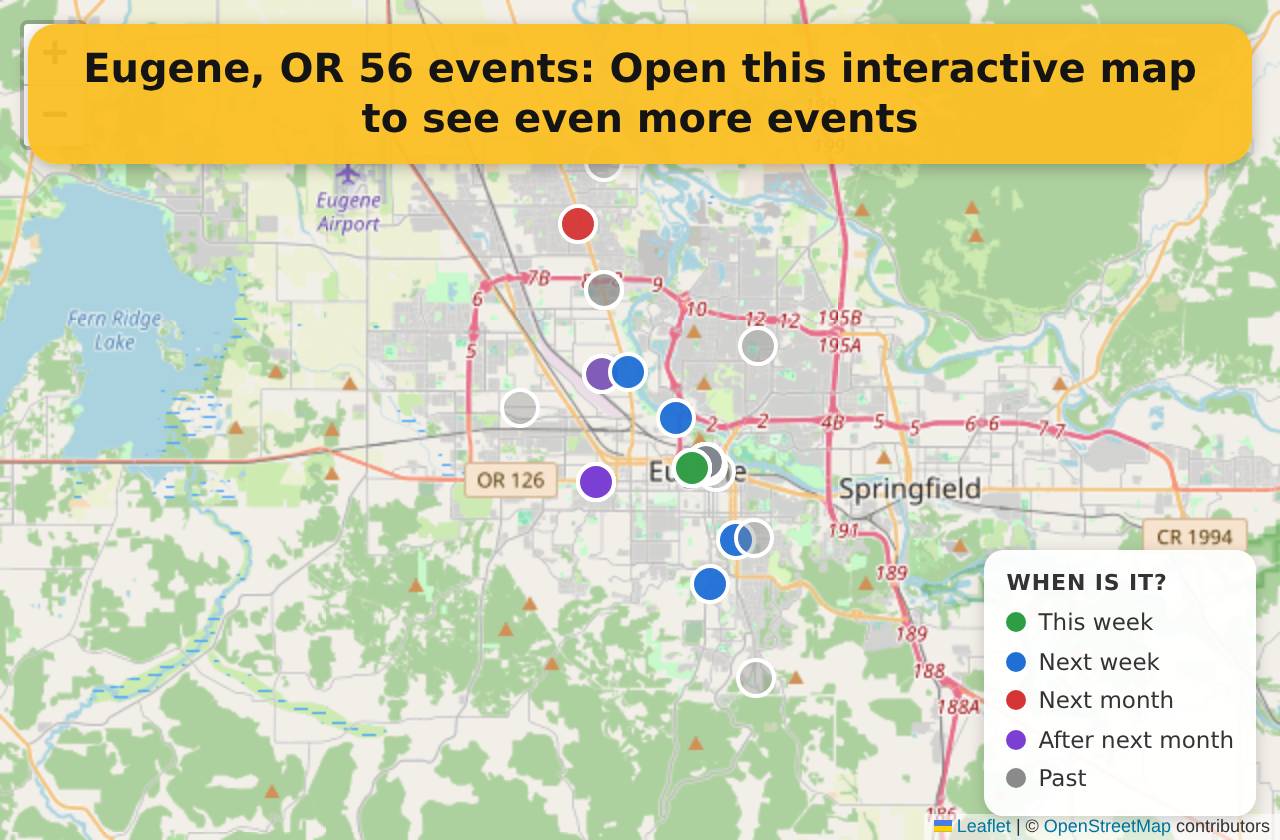 Map of events in Eugene, OR on the interactive EVENTULIST map