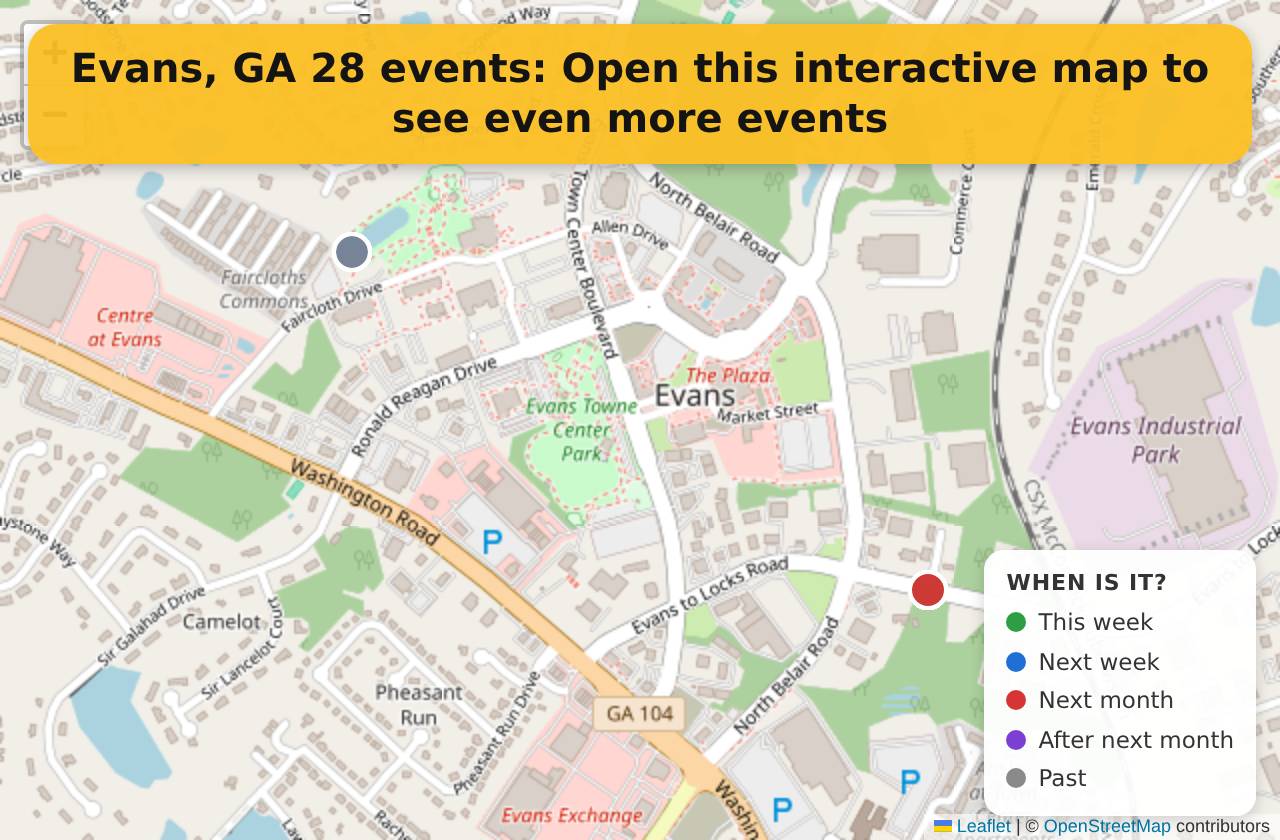 Map of events in Evans, GA on the interactive EVENTULIST map
