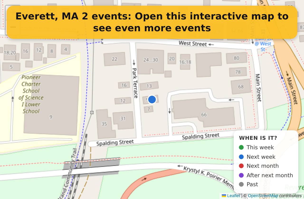 Map of events in Everett, MA on the interactive EVENTULIST map