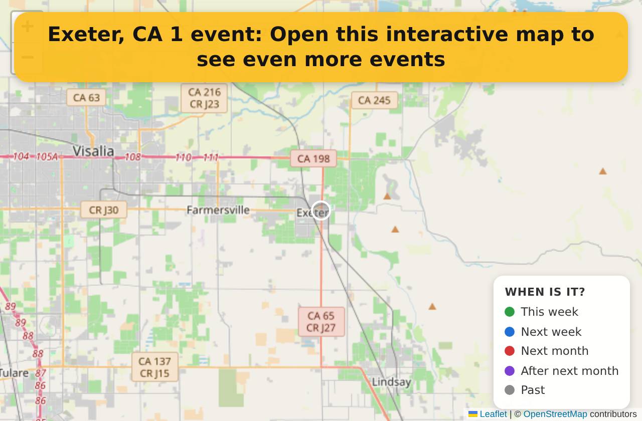 Map of events in Exeter, CA on the interactive EVENTULIST map