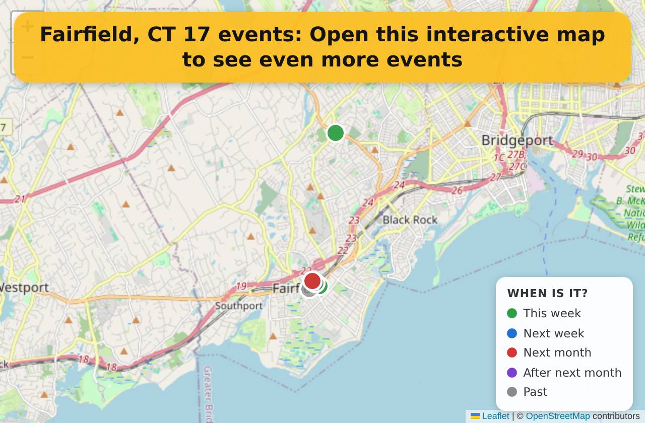 Map of events in Fairfield, CT on the interactive EVENTULIST map