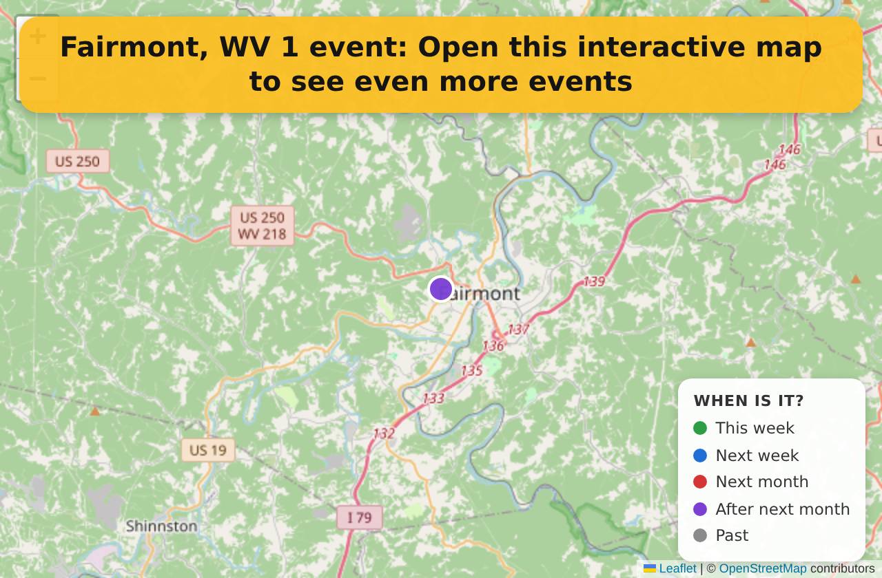 Map of events in Fairmont, WV on the interactive EVENTULIST map
