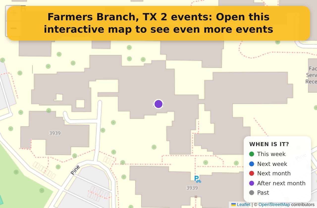 Map of events in Farmers Branch, TX on the interactive EVENTULIST map