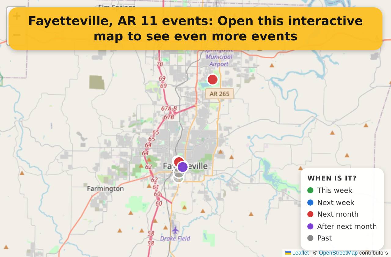 Map of events in Fayetteville, AR on the interactive EVENTULIST map