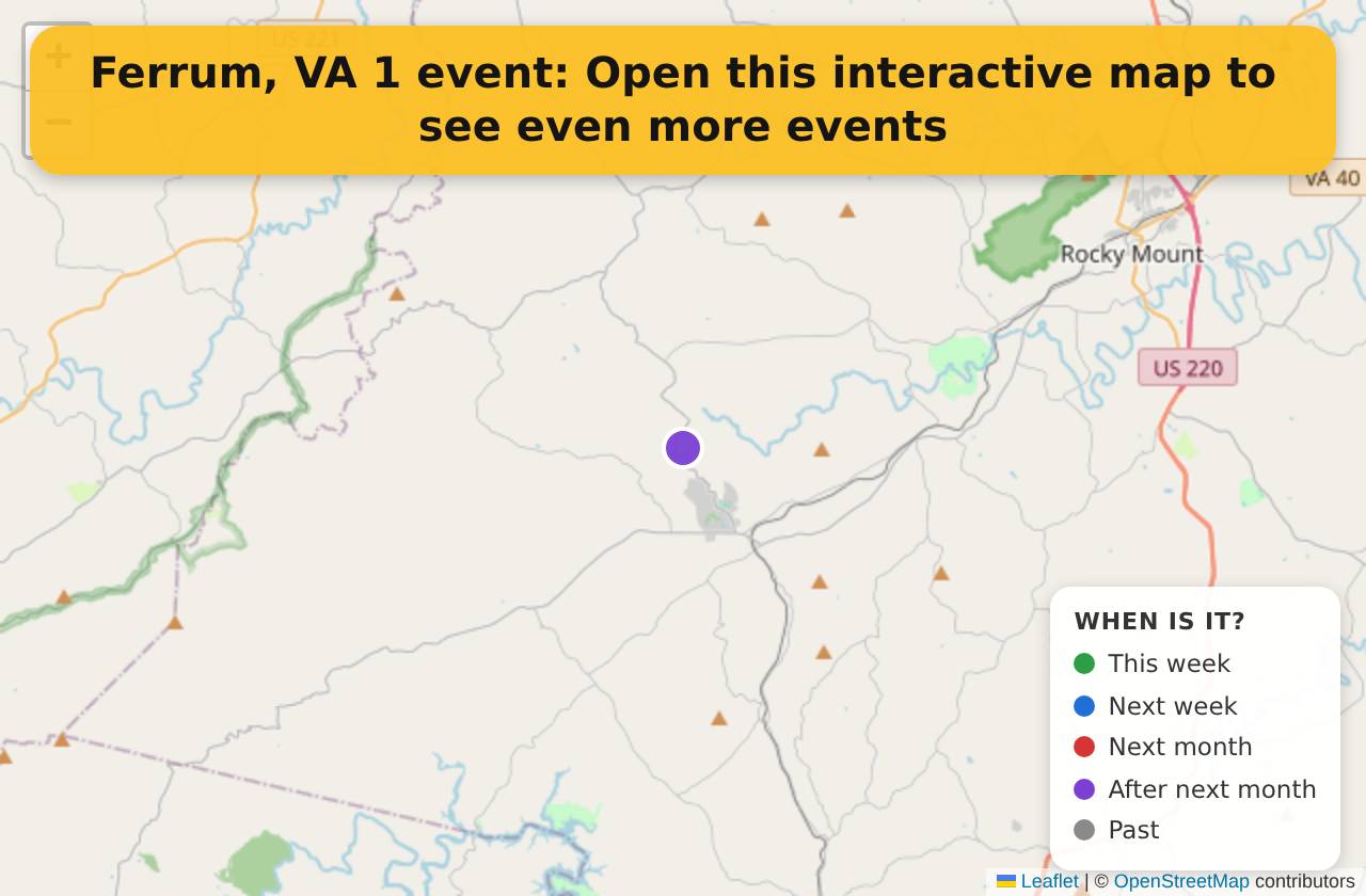 Map of events in Ferrum, VA on the interactive EVENTULIST map