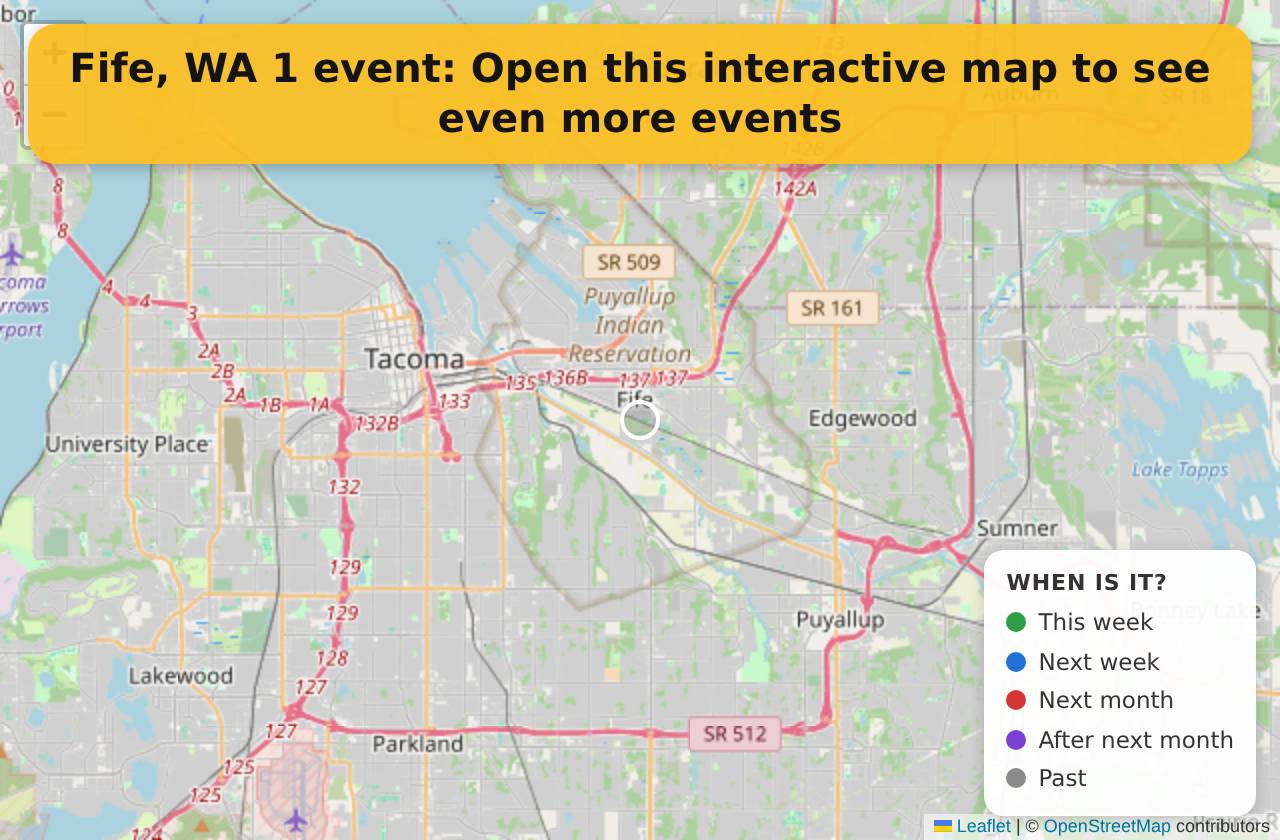 Map of events in Fife, WA on the interactive EVENTULIST map