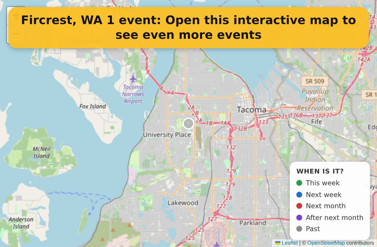 Map of events in Fircrest, WA on the interactive EVENTULIST map