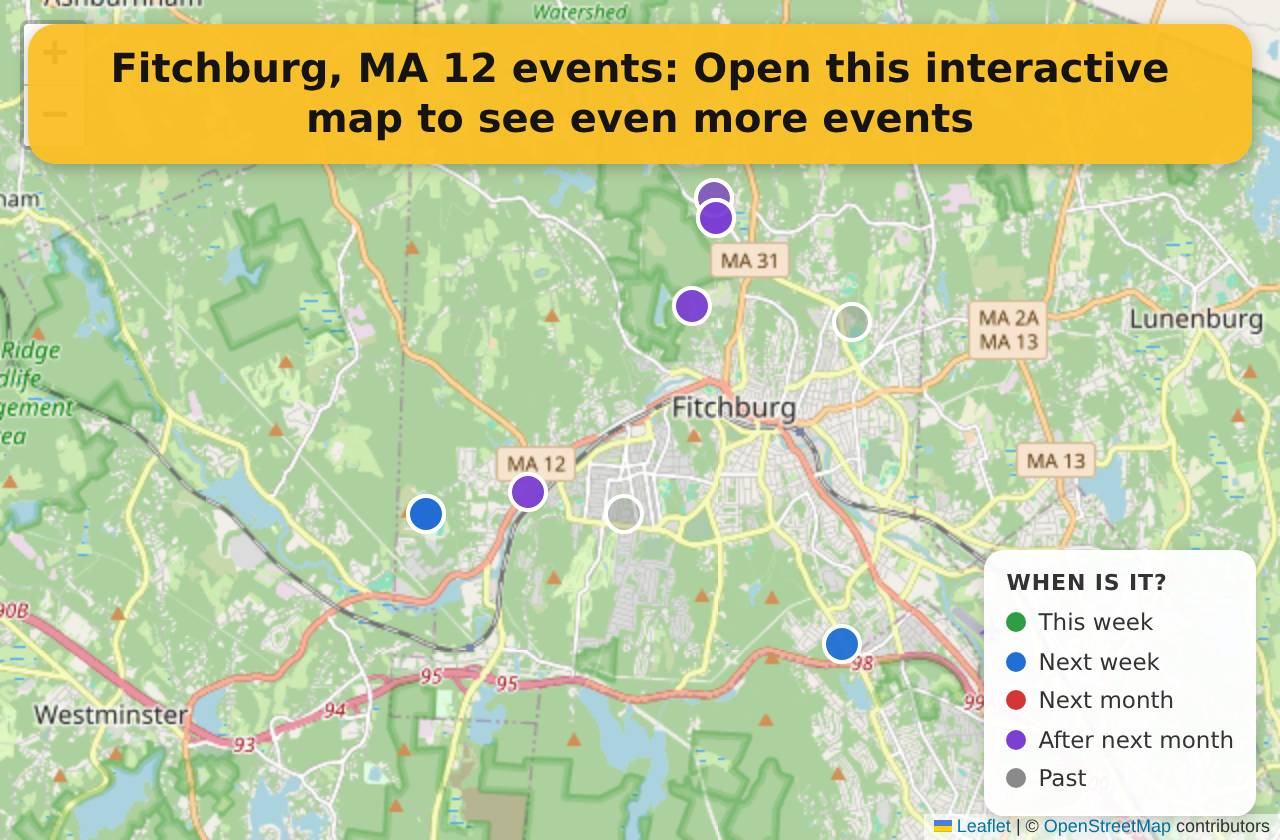 Map of events in Fitchburg, MA on the interactive EVENTULIST map
