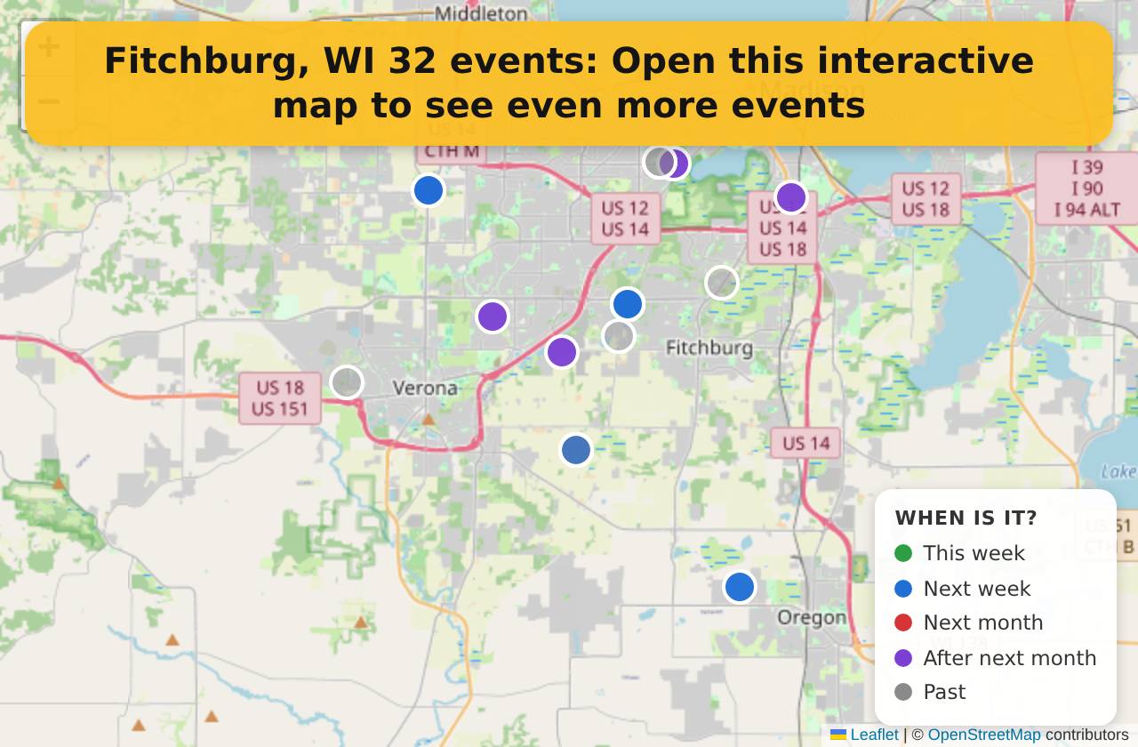 Map of events in Fitchburg, WI on the interactive EVENTULIST map