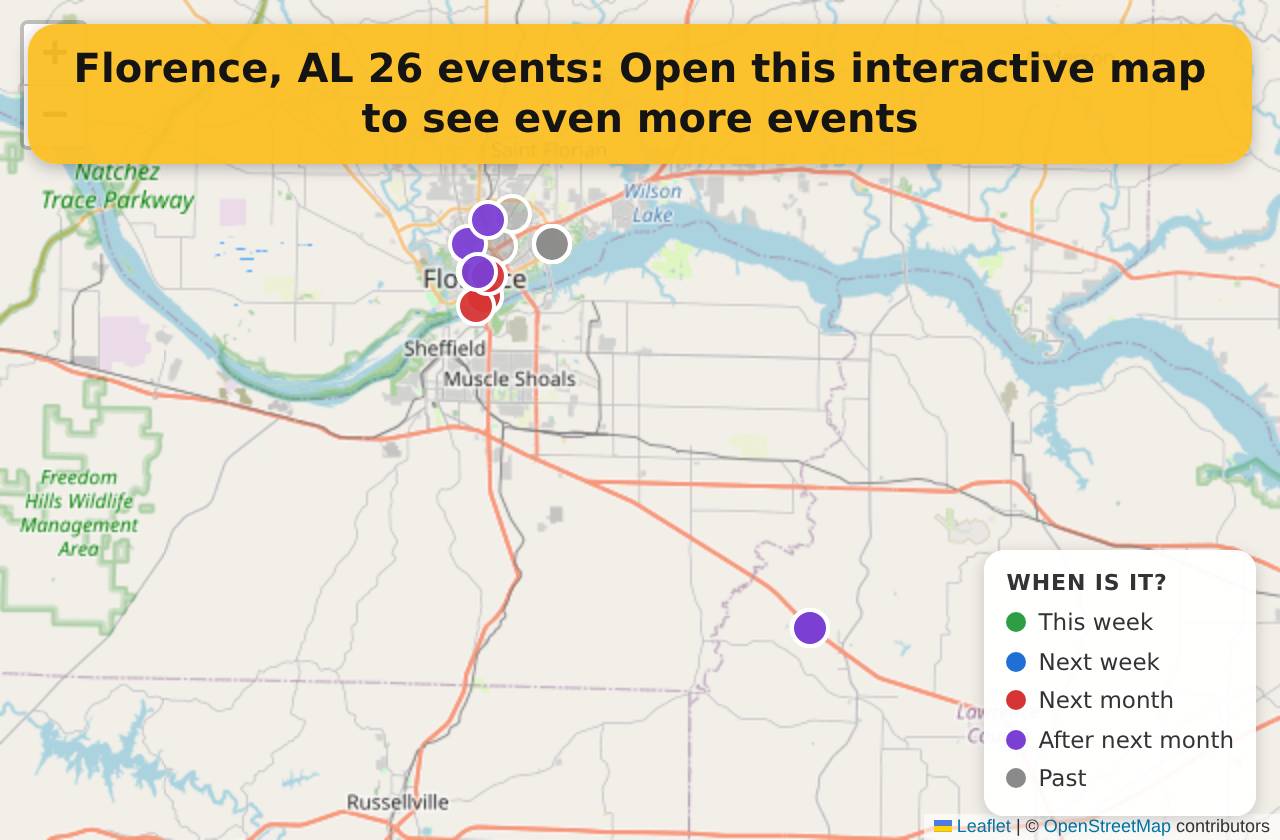 Map of events in Florence, AL on the interactive EVENTULIST map