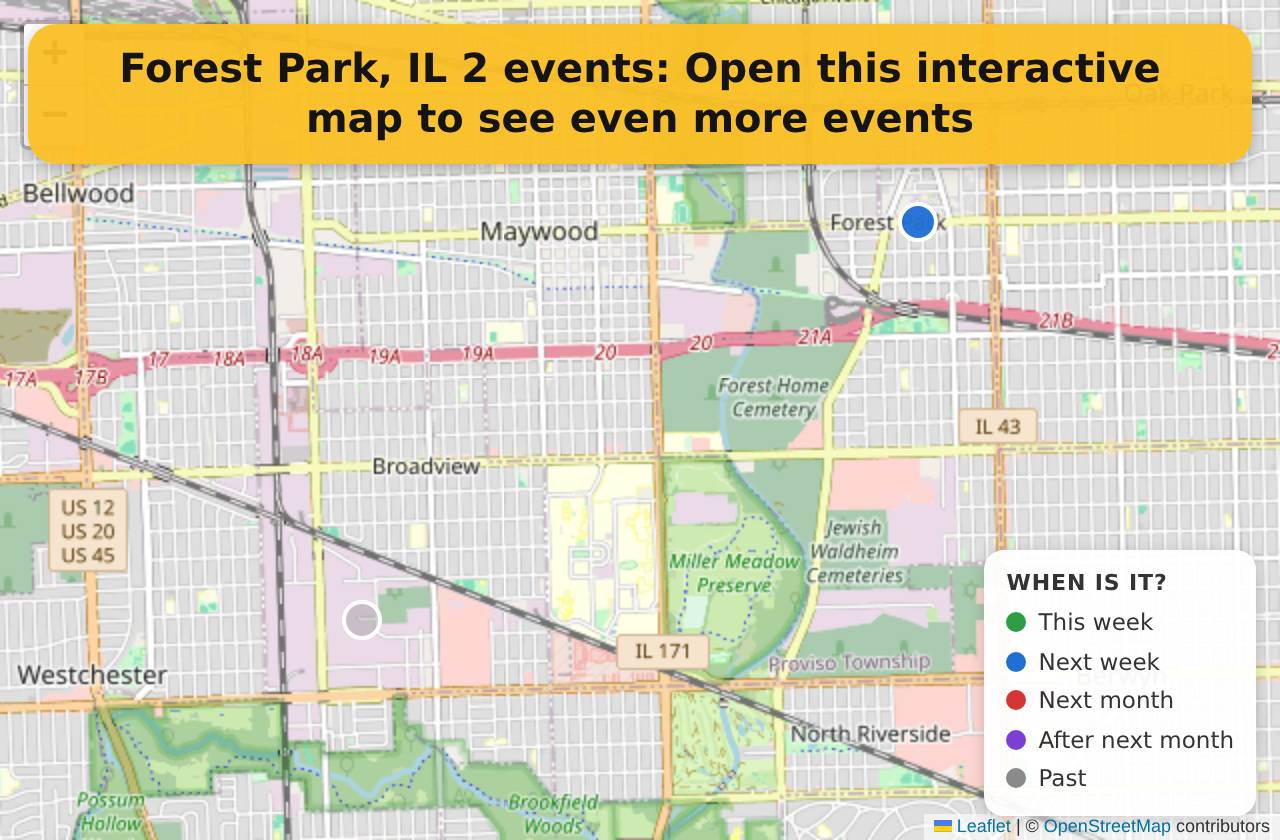 Map of events in Forest Park, IL on the interactive EVENTULIST map
