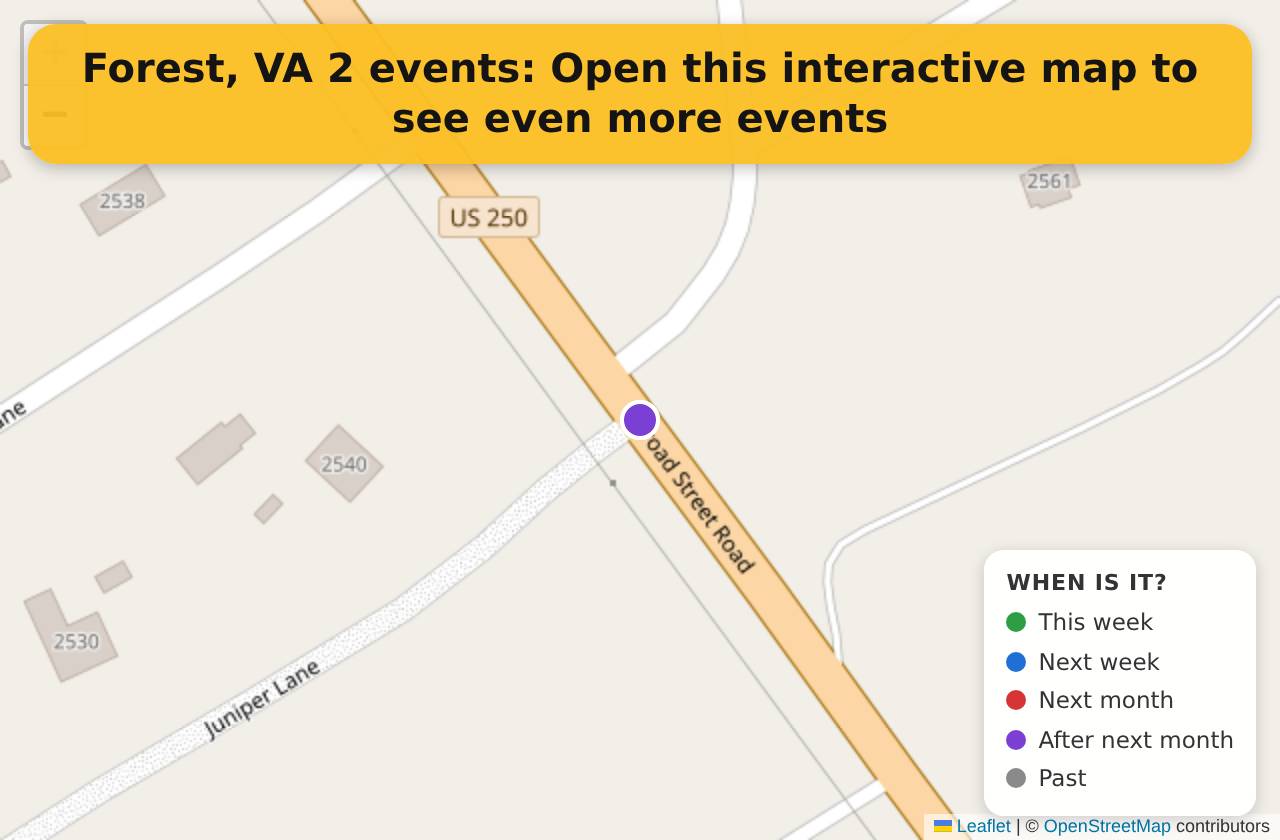 Map of events in Forest, VA on the interactive EVENTULIST map