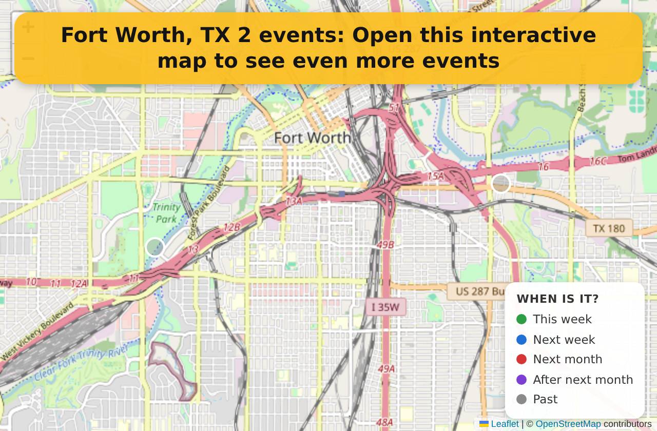 Map of events in Fort Worth, TX on the interactive EVENTULIST map