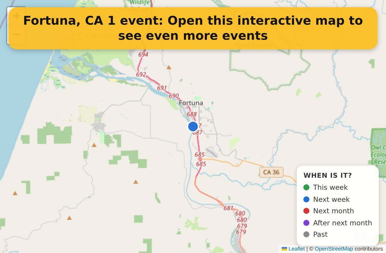 Map of events in Fortuna, CA on the interactive EVENTULIST map