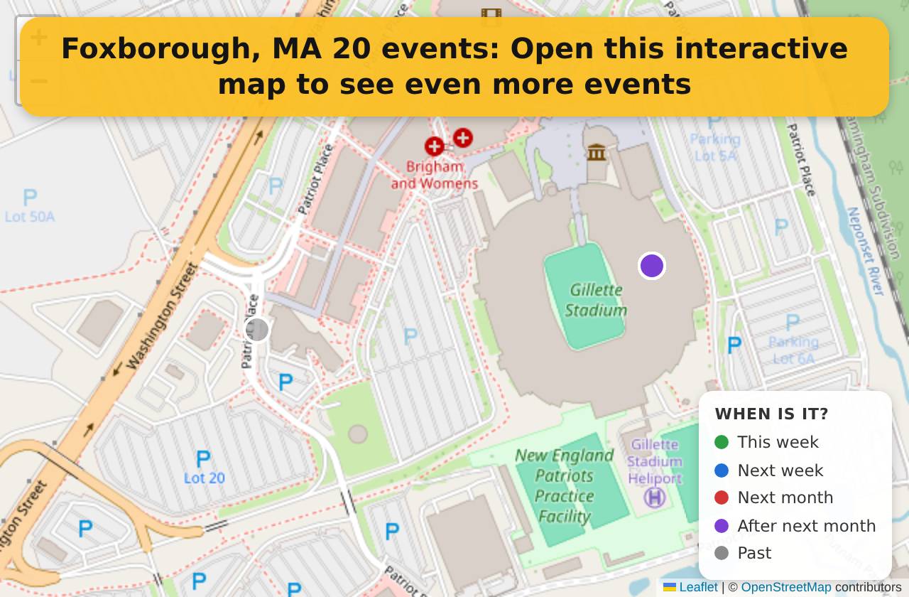 Map of events in Foxborough, MA on the interactive EVENTULIST map