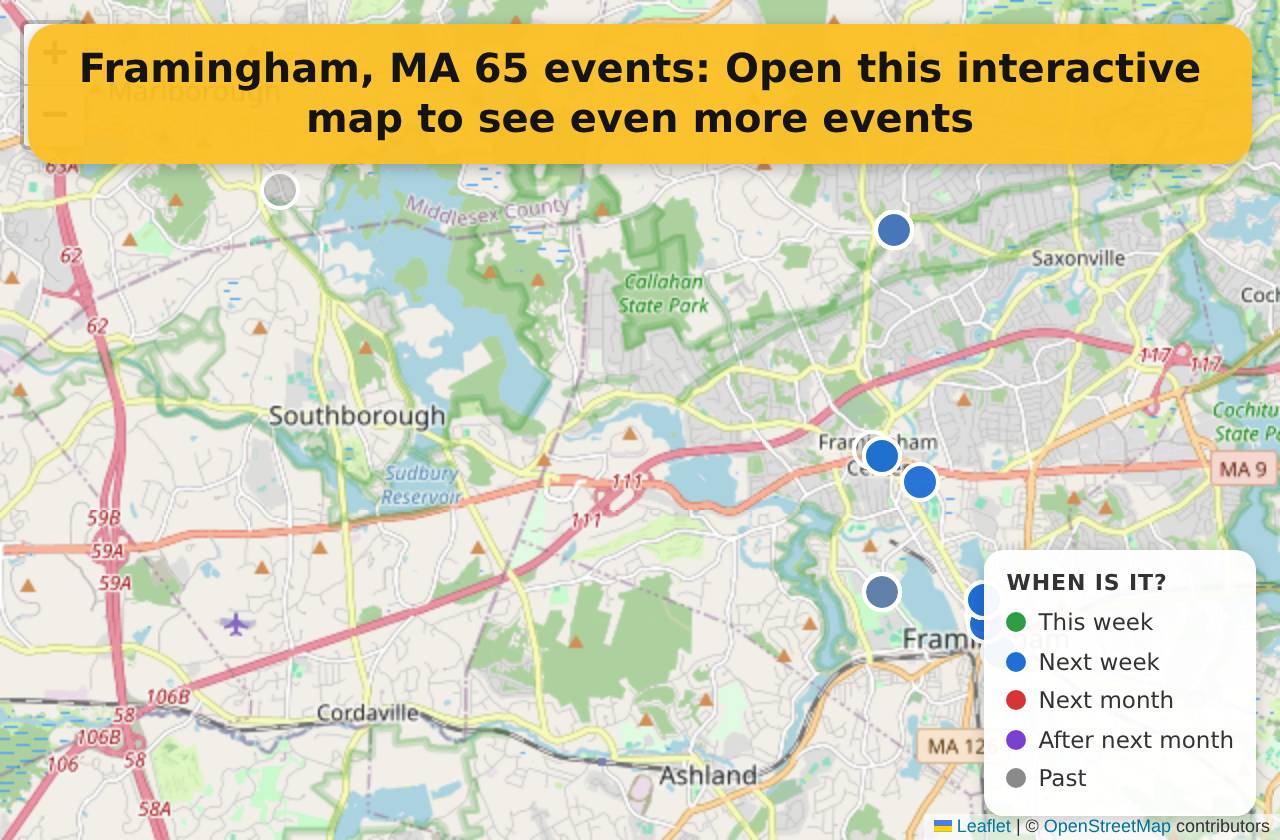 Map of events in Framingham, MA on the interactive EVENTULIST map