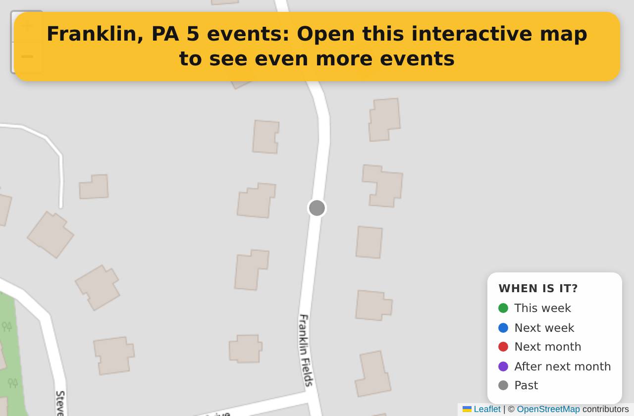 Map of events in Franklin, PA on the interactive EVENTULIST map