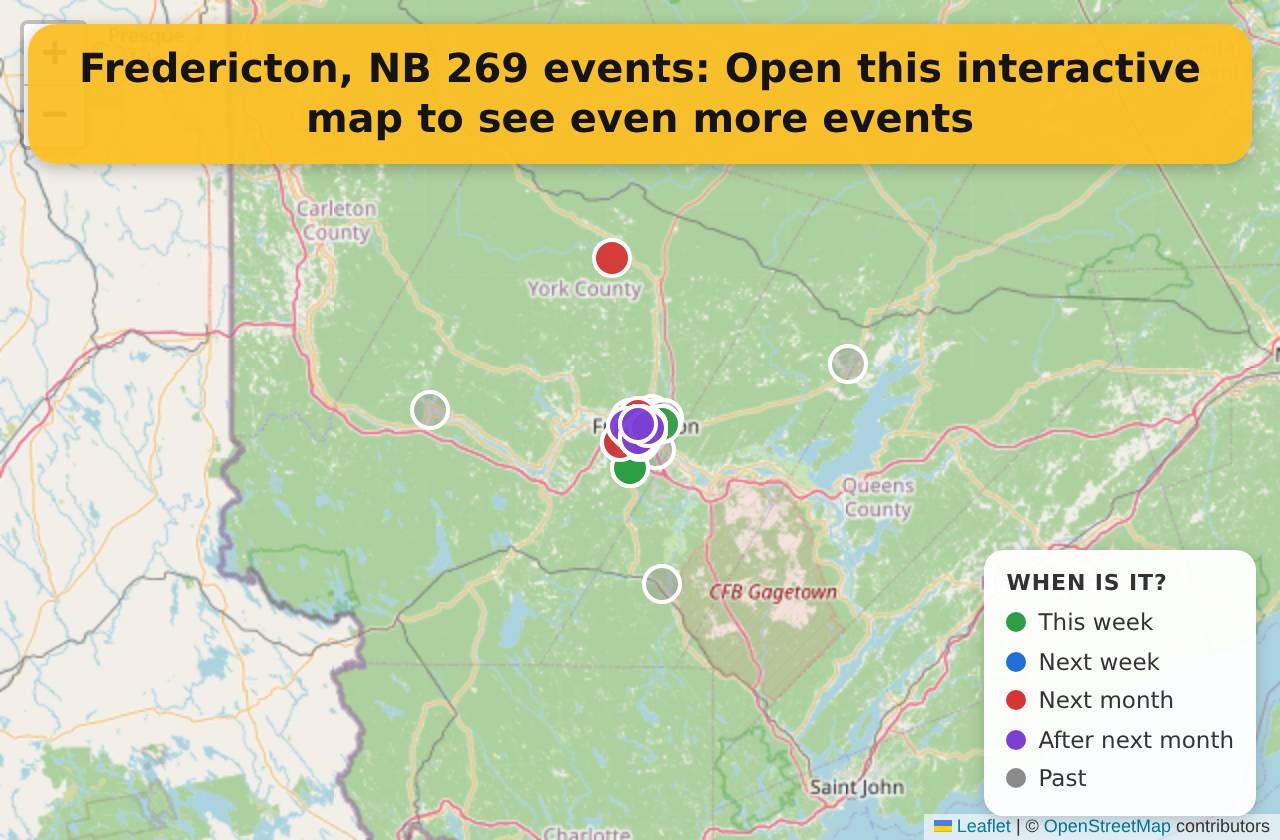 Map of events in Fredericton, NB on the interactive EVENTULIST map