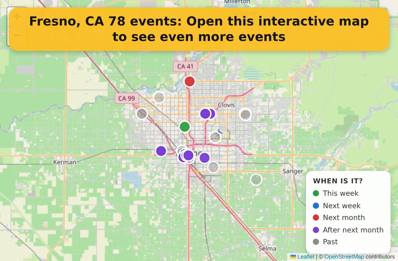 Map of events in Fresno, CA on the interactive EVENTULIST map