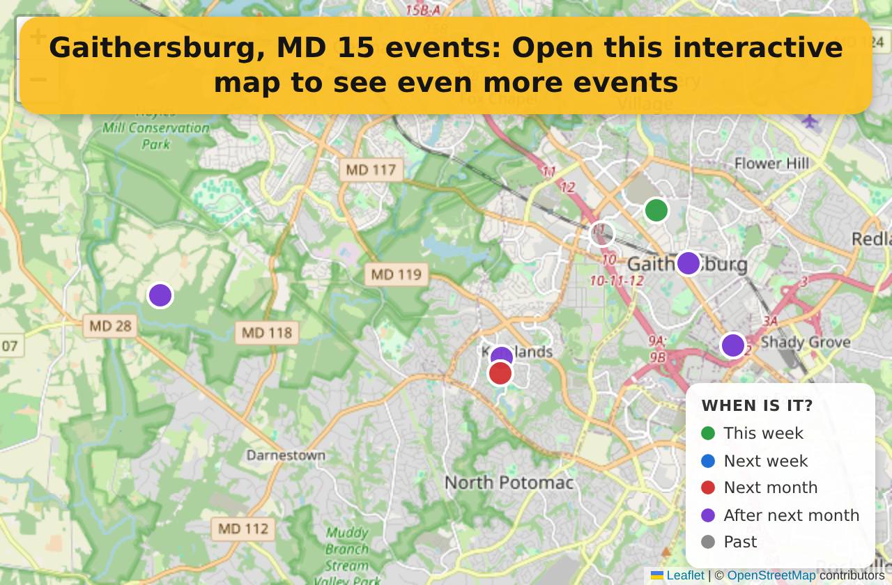 Map of events in Gaithersburg, MD on the interactive EVENTULIST map