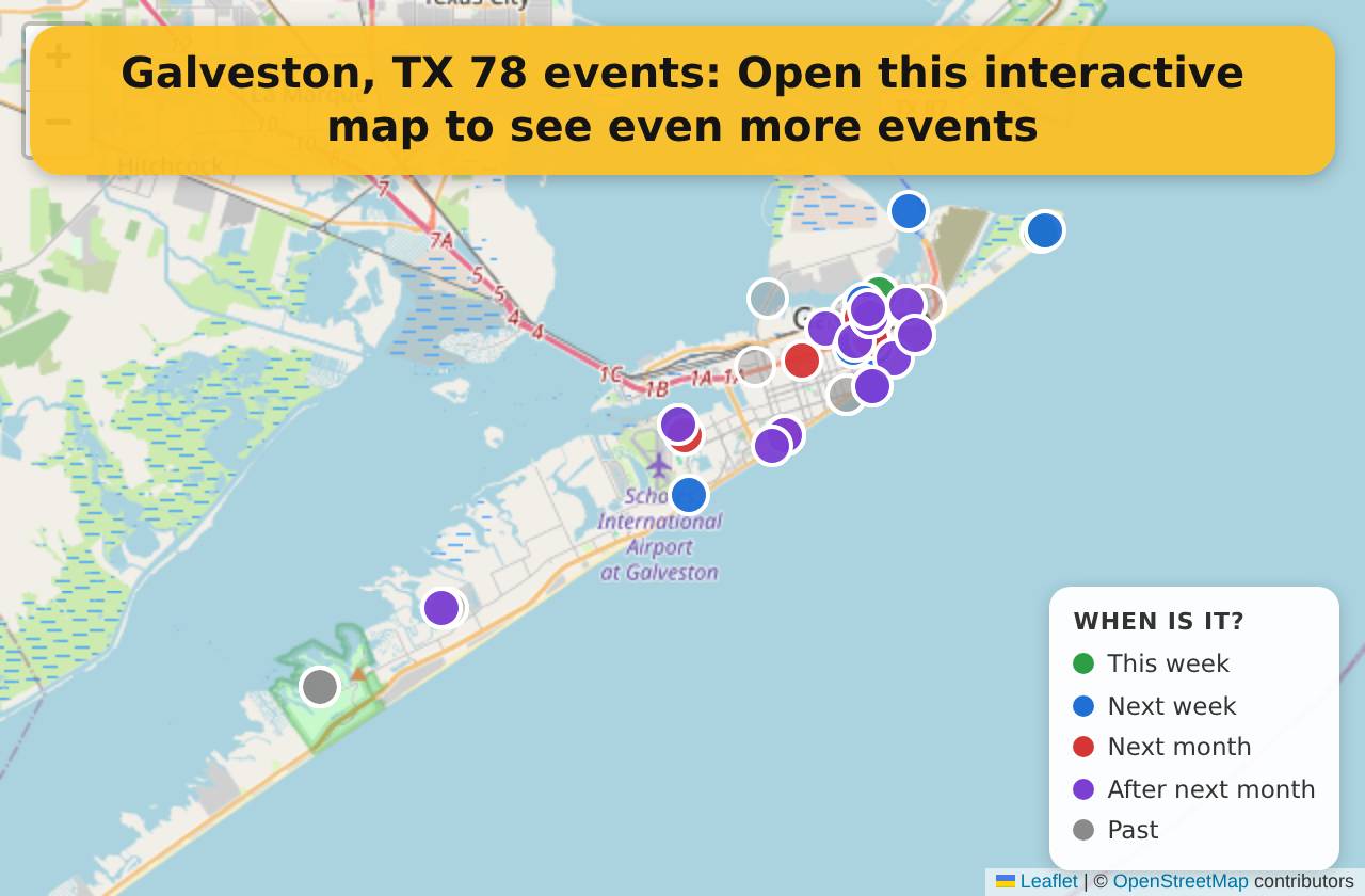 Map of events in Galveston, TX on the interactive EVENTULIST map