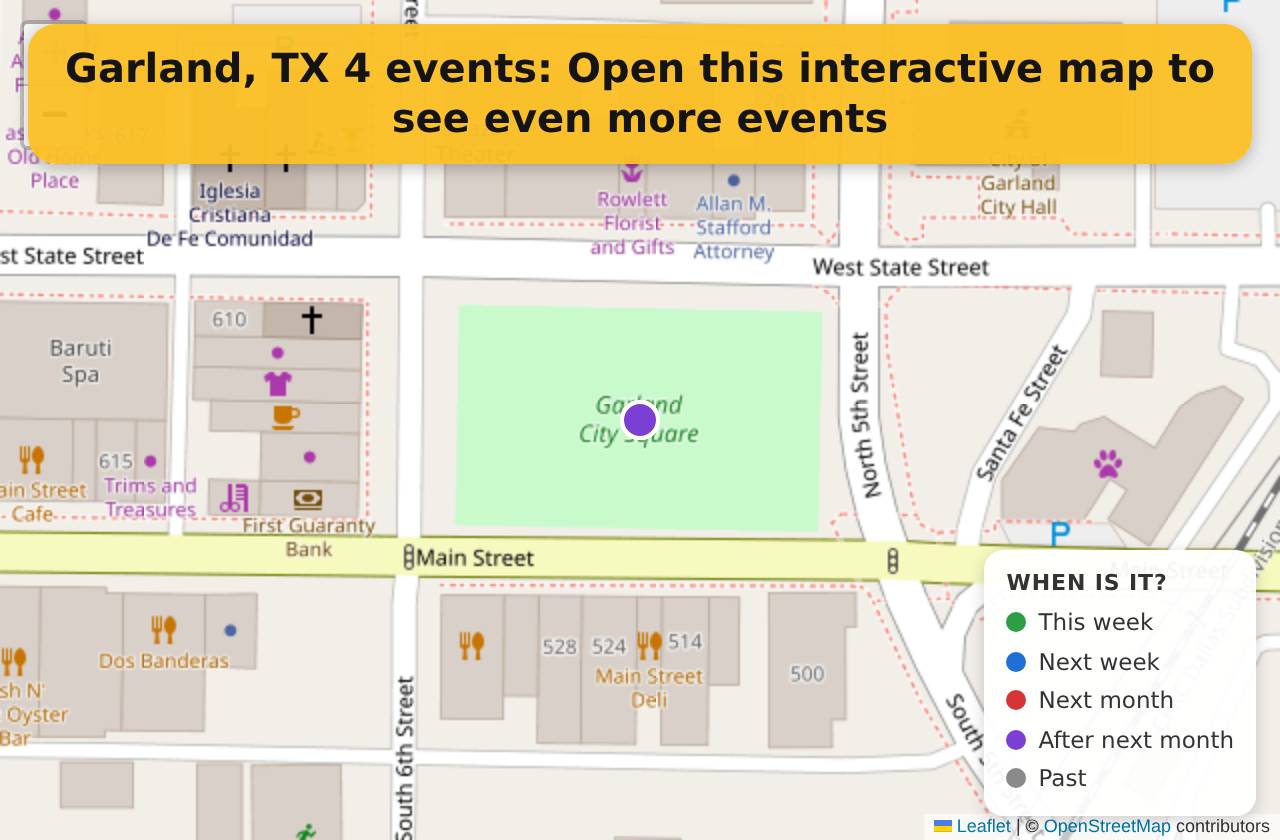 Map of events in Garland, TX on the interactive EVENTULIST map