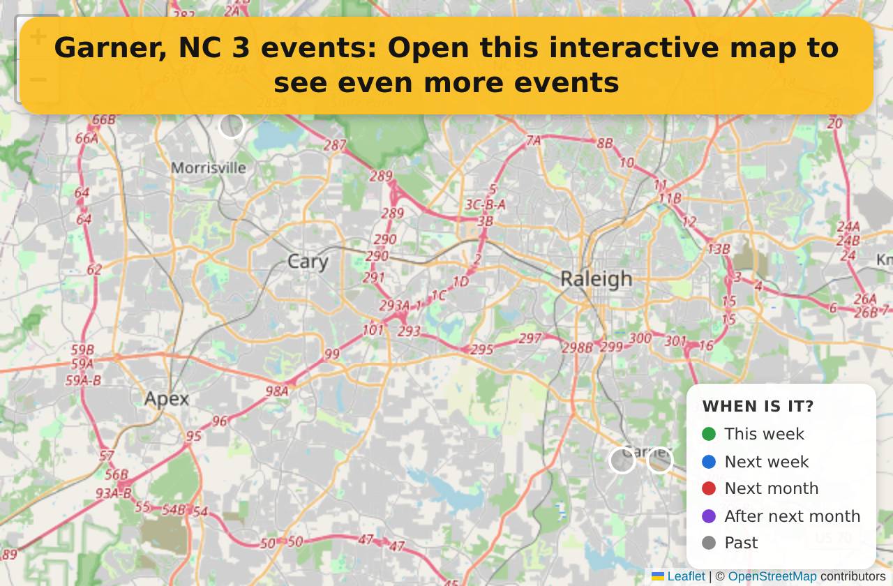 Map of events in Garner, NC on the interactive EVENTULIST map