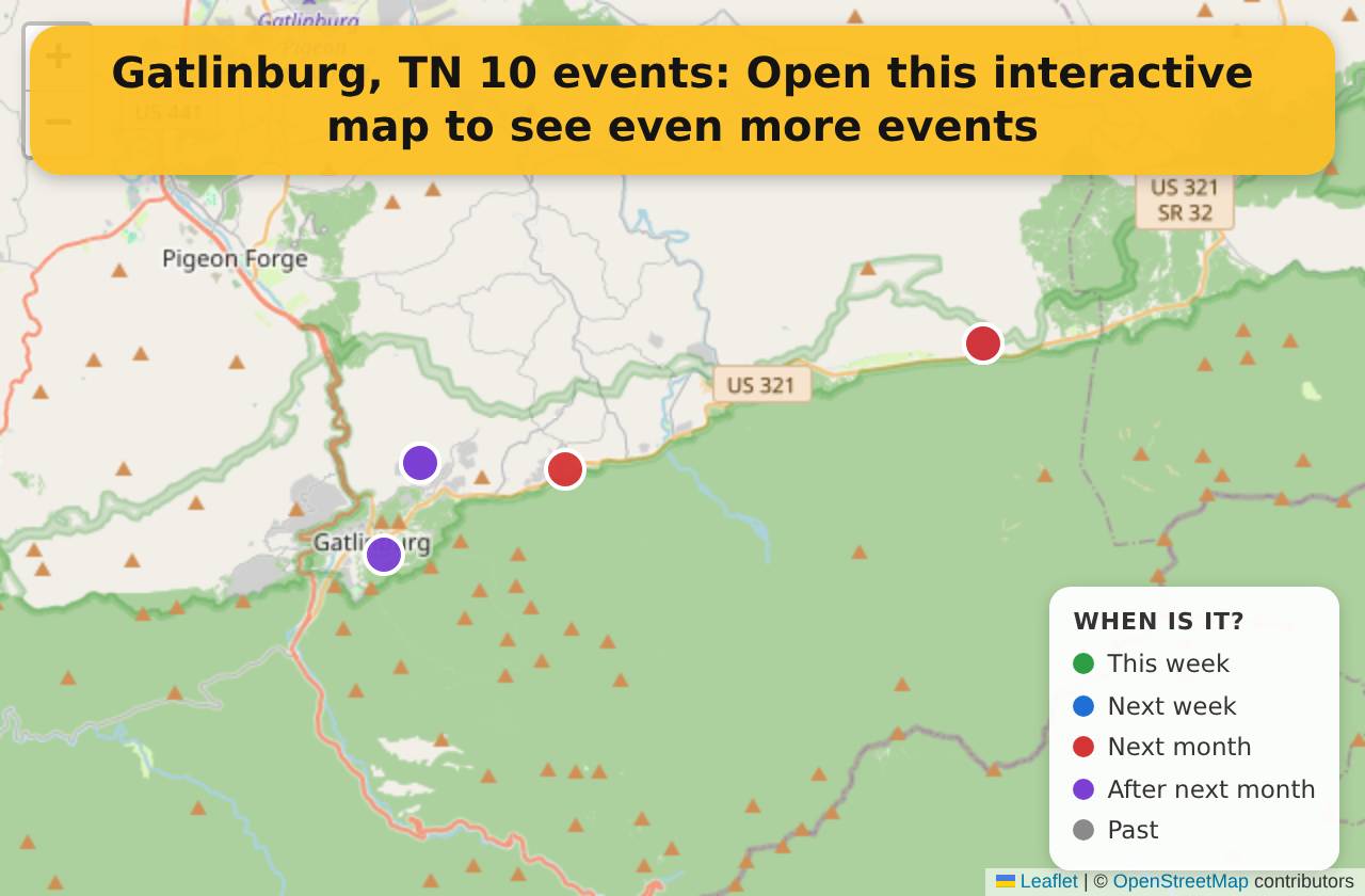 Map of events in Gatlinburg, TN on the interactive EVENTULIST map
