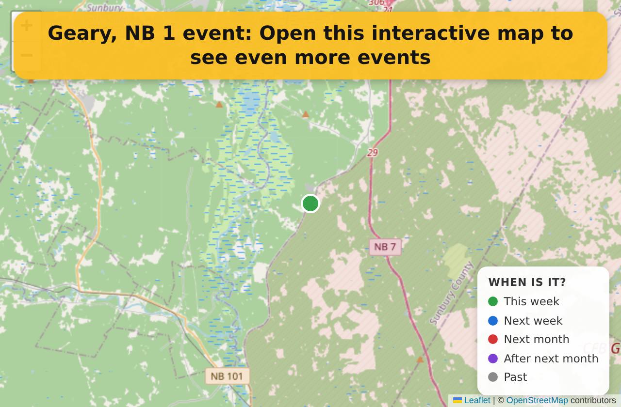 Map of events in Geary, NB on the interactive EVENTULIST map